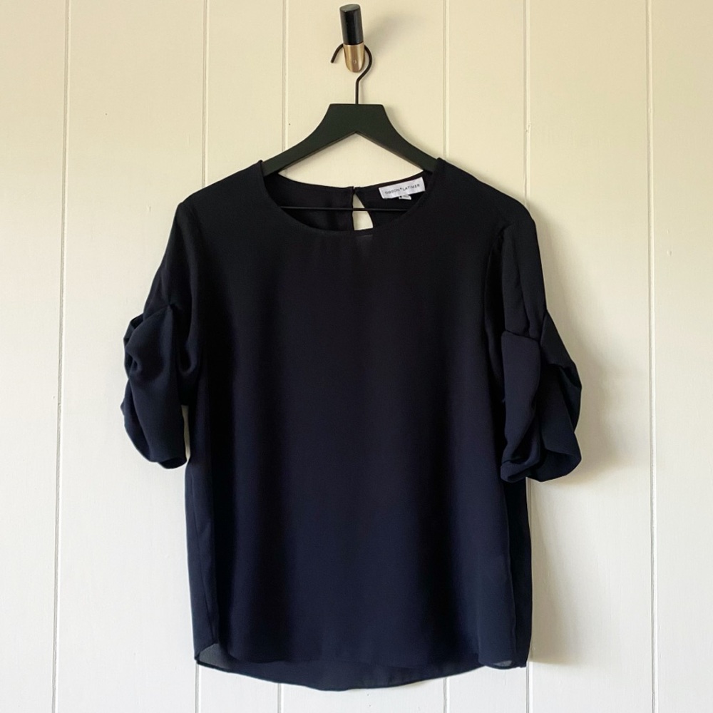 Gibson Latimer Navy Blue Chiffon Ruched Sleeve Crew Neck Blouse Puff Sleeve